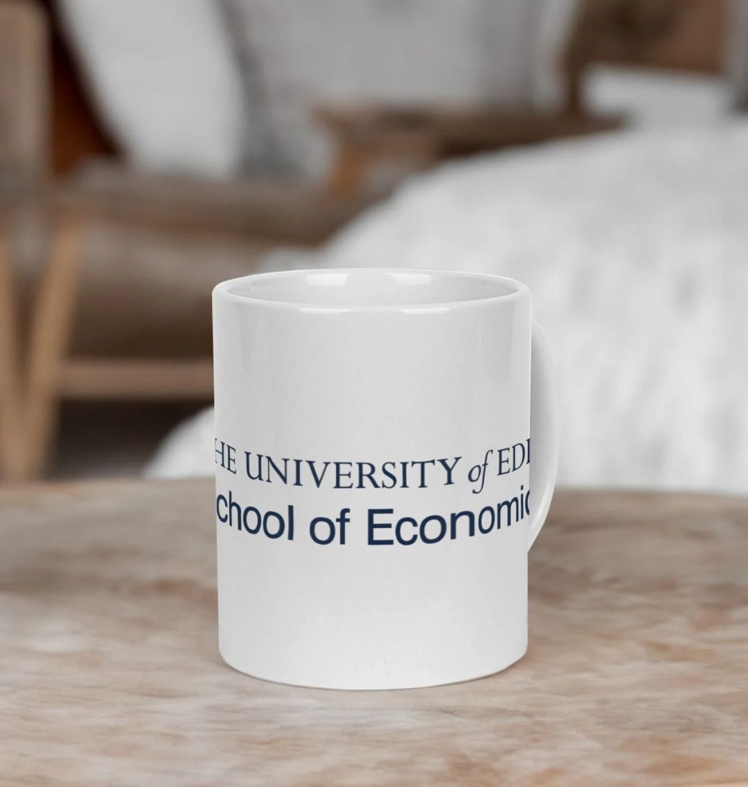 White School of Economics Mug with multi-colour printed University crest and logo