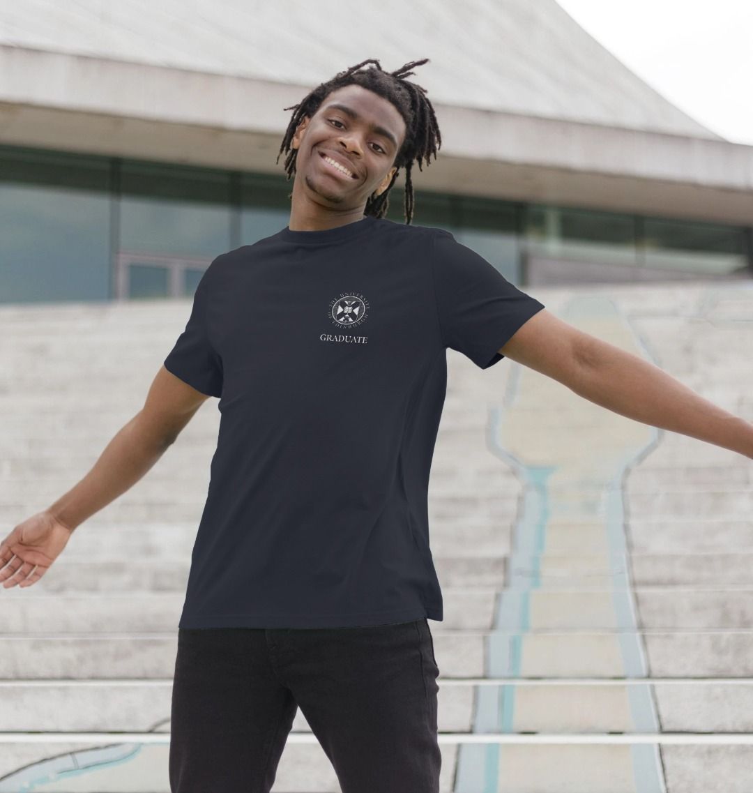 Model wears Navy Blue School of Literatures, Languages and Cultures 'Class Of' Graduate T-Shirt showing front design.