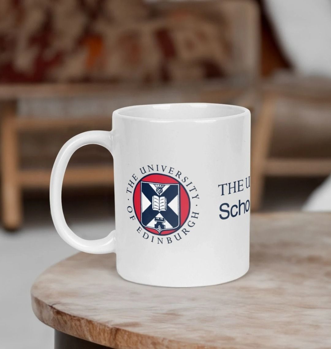 White School of GeoSciences mug with multi-colour printed University crest and logo