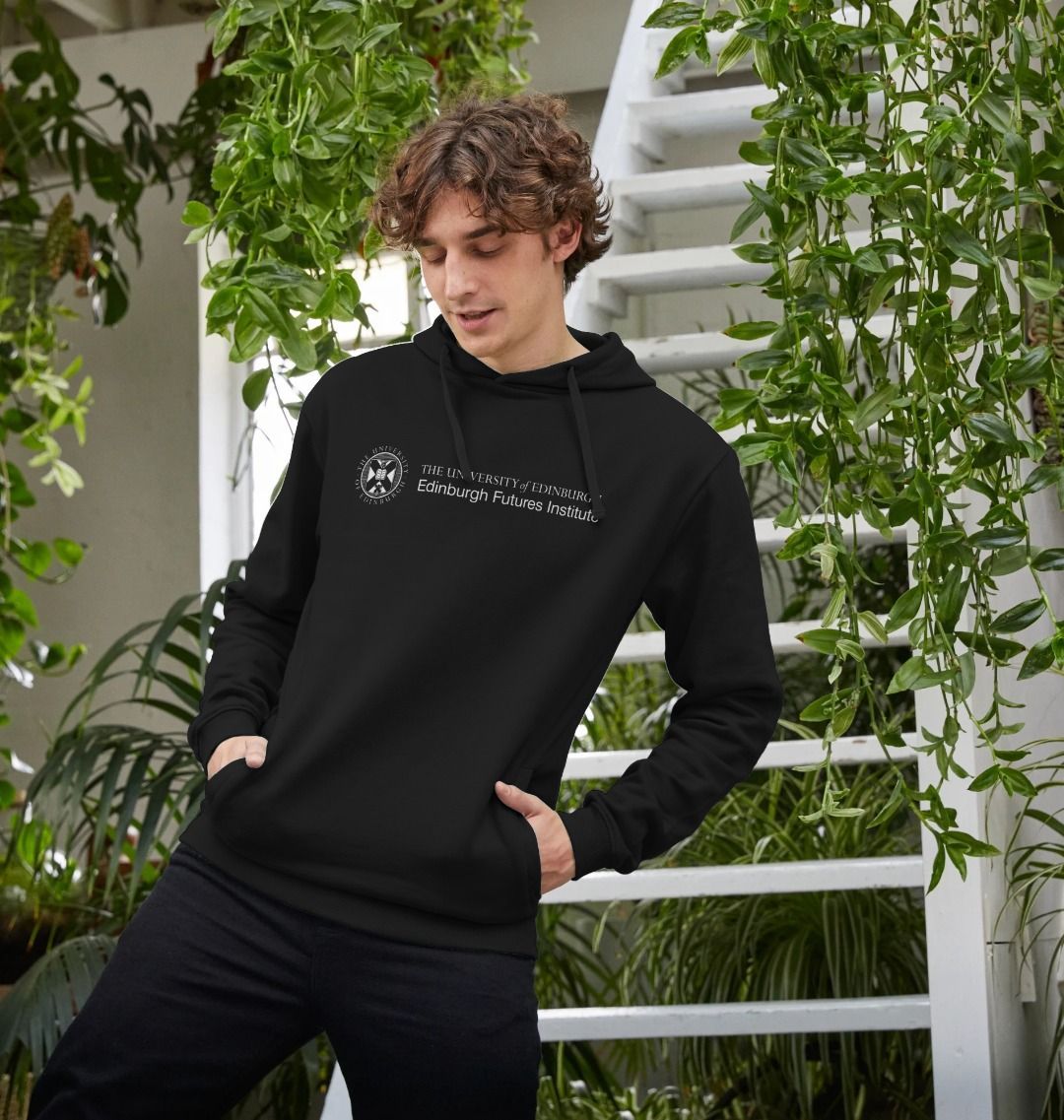 Model wears Black Edinburgh Futures Institute Hoodie in Black.