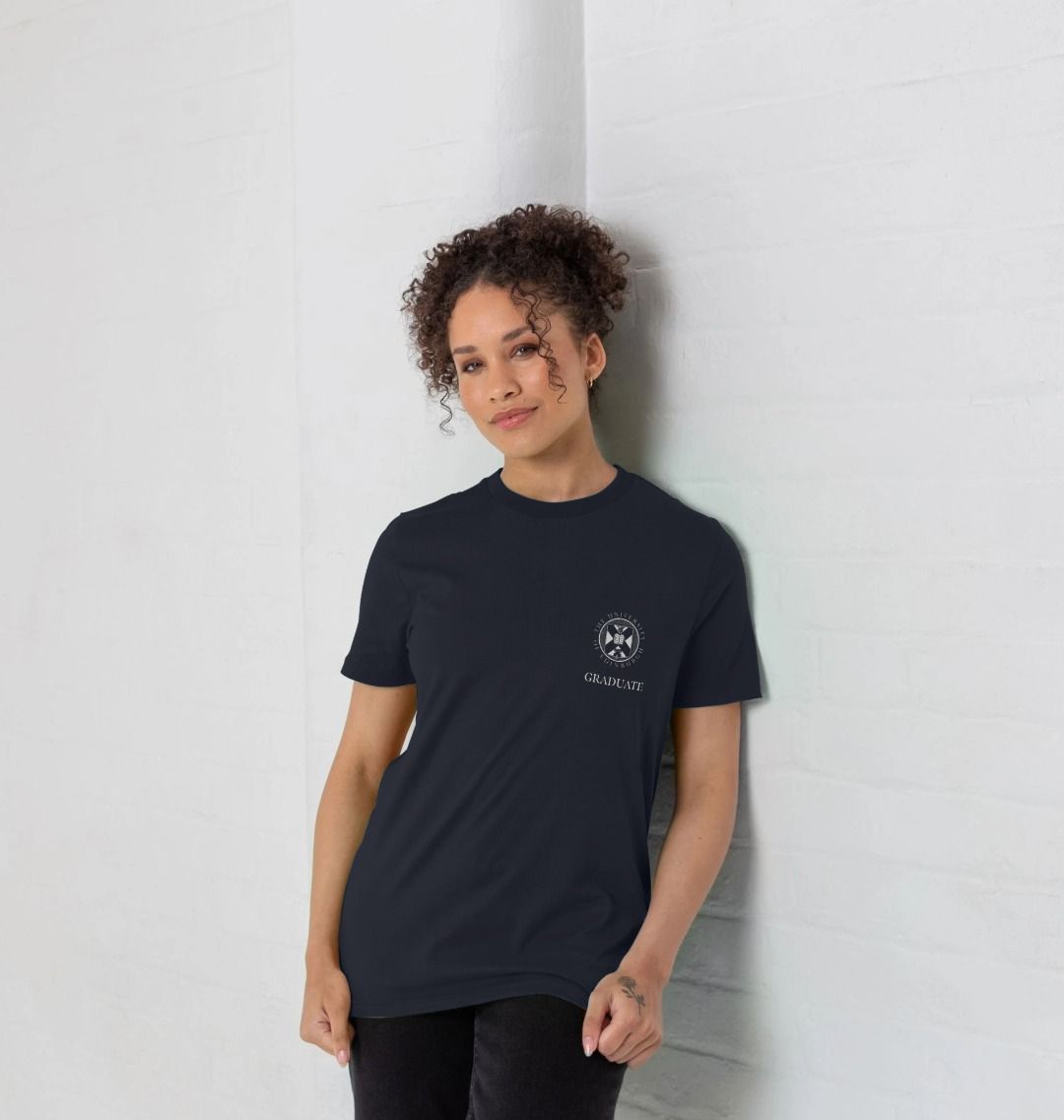 Model wears Navy Blue Molecular, Genetic and Population Health Sciences 'Class Of' Graduate T-Shirt showing front design.