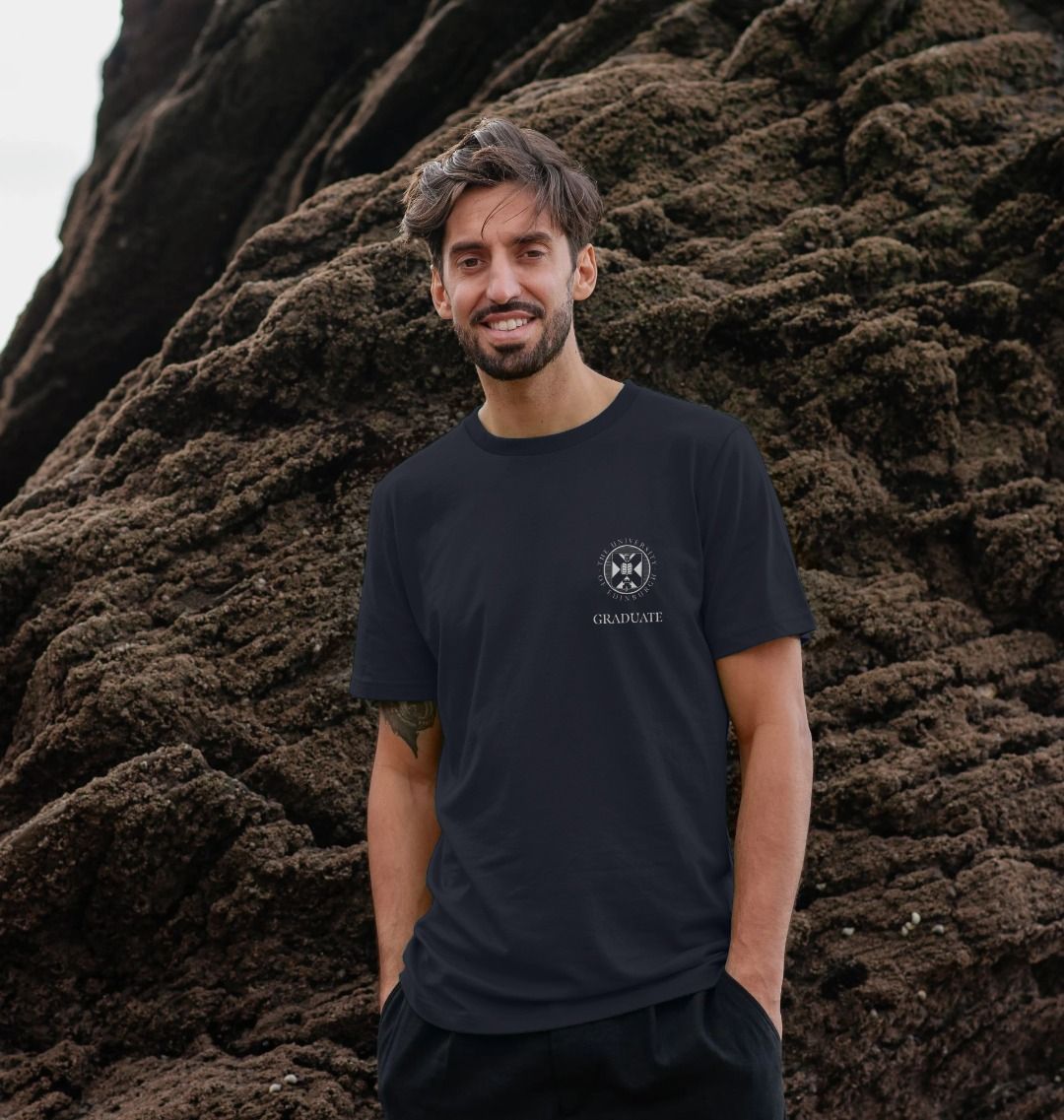 Model wears Navy Blue Edinburgh Medical School 'Class Of' Graduate T-Shirt showing front design.