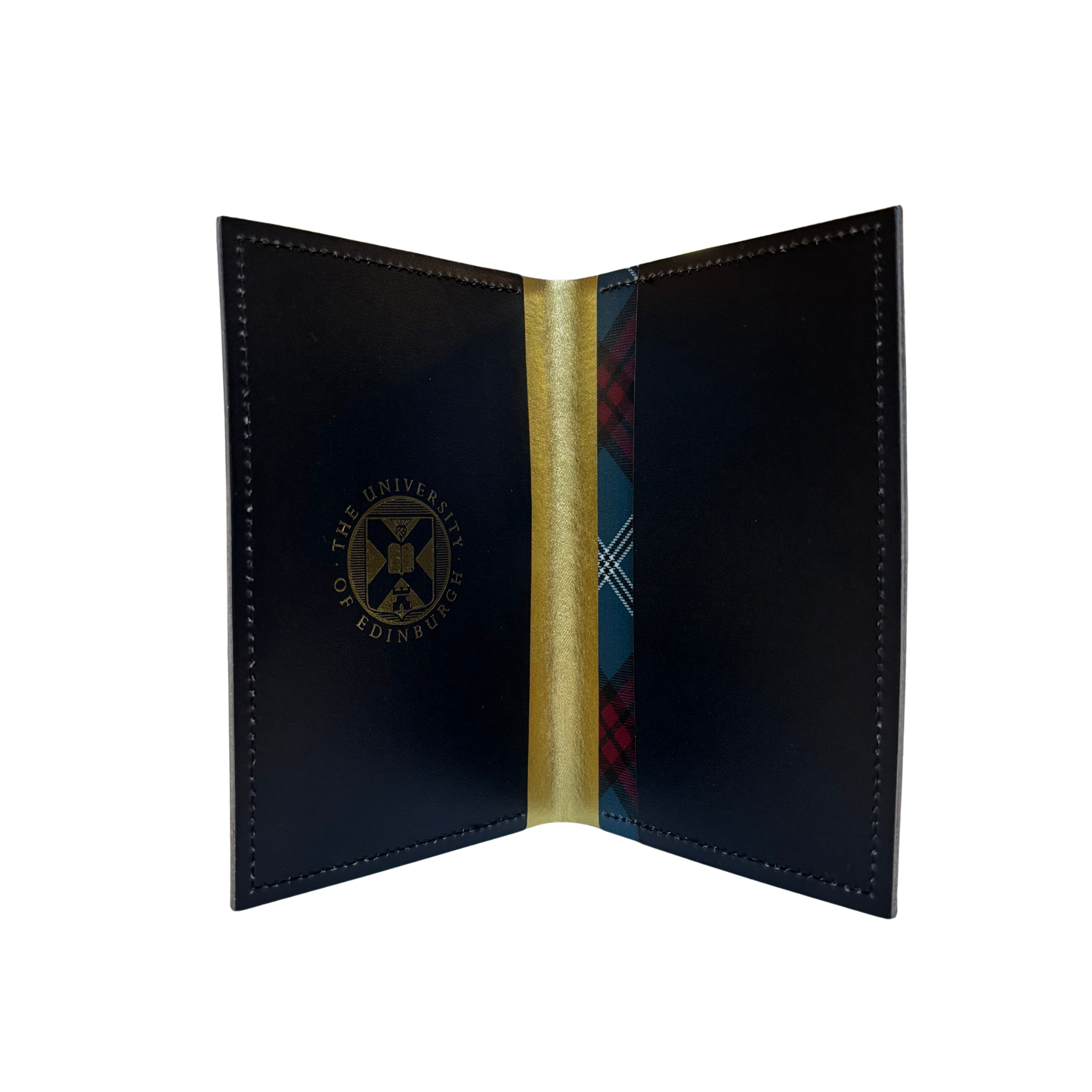 The inside of the tartan passport holder features a gold foil crest, with gold detailing and a tartan print pocket.