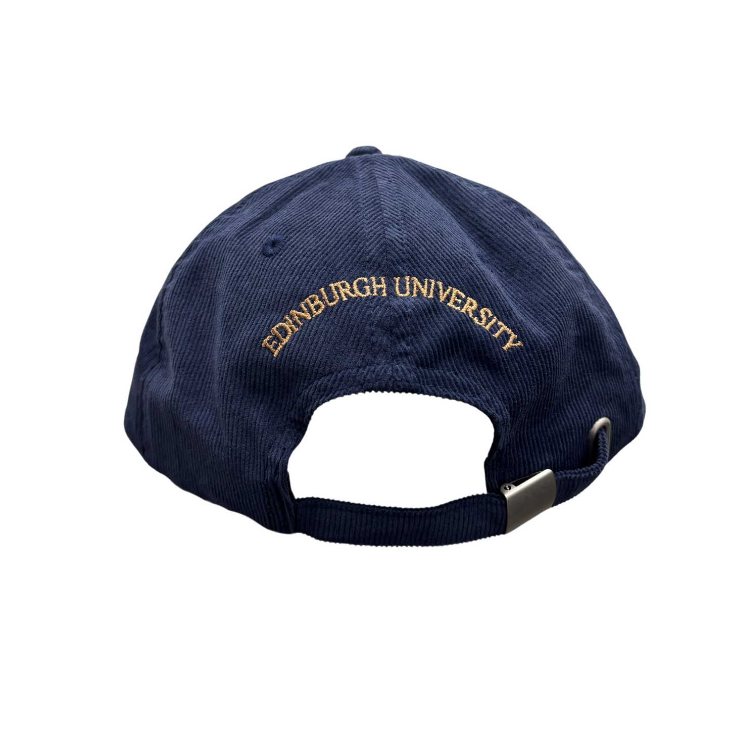 The back view of navy blue corduroy baseball cap, showcasing the text "EDINBURGH UNIVERSITY" embroidered in gold thread in an arched style. The cap features an adjustable strap with a metal buckle for a customised fit.