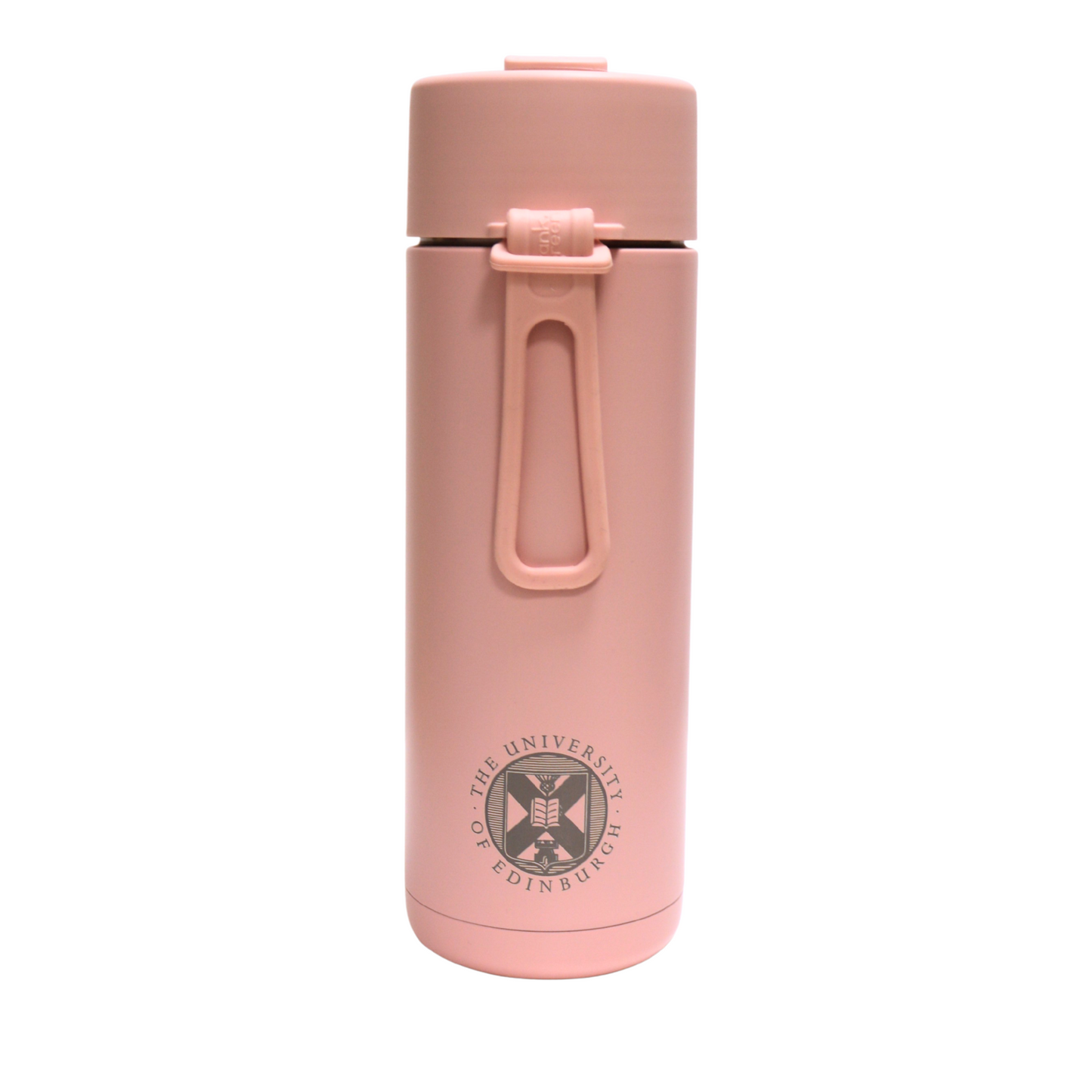 The front of the Frank Green Thermal Reusable Bottle - 595ml in Blushed with the University logo laser engraved. The front also shows the silicon strap.