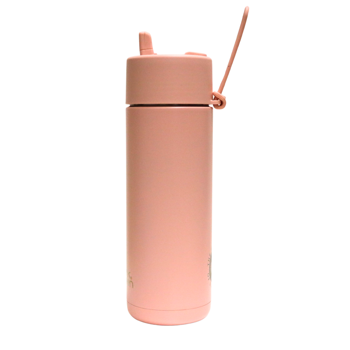 The side of the Frank Green Thermal Reusable Bottle - 595ml in Blushed. Pictured with the straw and silicon strap flipped upwards.