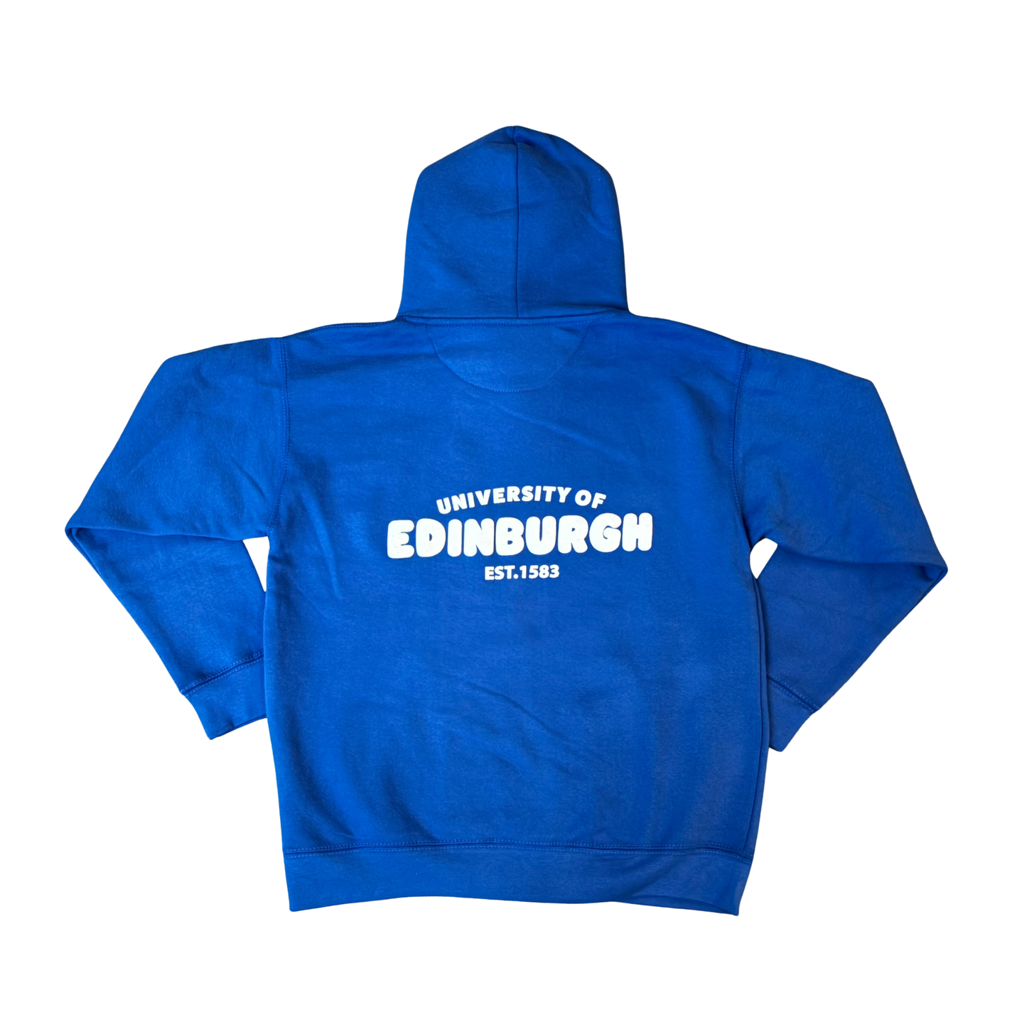 back of royal blue hoodie with 'University of Edinburgh est. 1583' in white bubble print