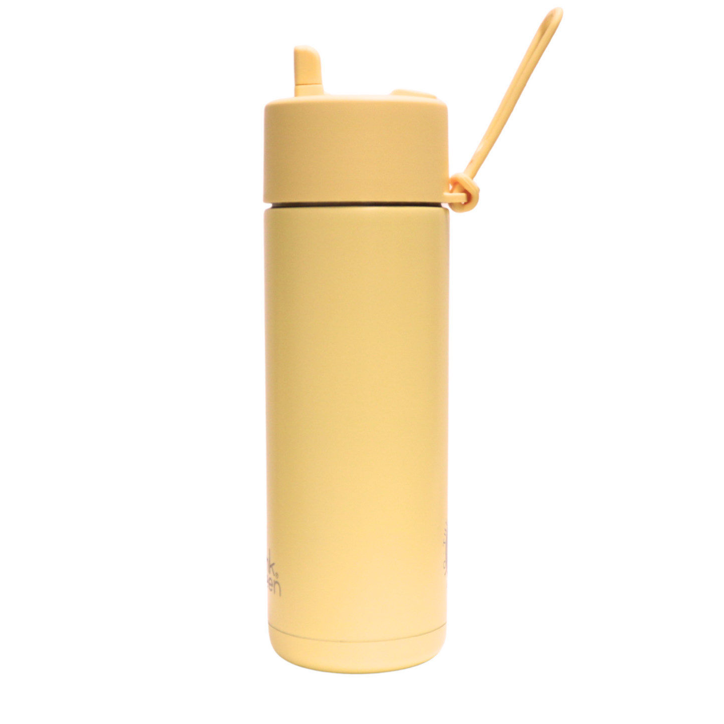 The side of the Frank Green Thermal Reusable Bottle - 595ml in Buttermilk. Pictured with the straw and silicon strap flipped upwards.