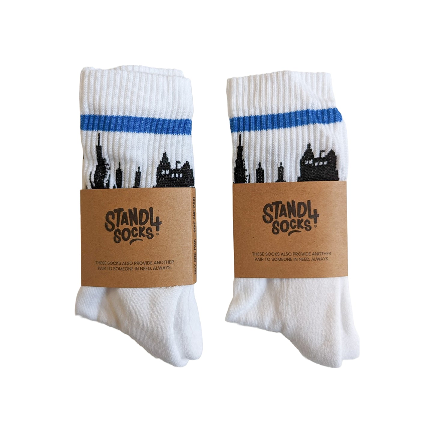 White ribbed crew socks with black silhouette of the Edinburgh skyline, bordered by a blue horizontal stripe.