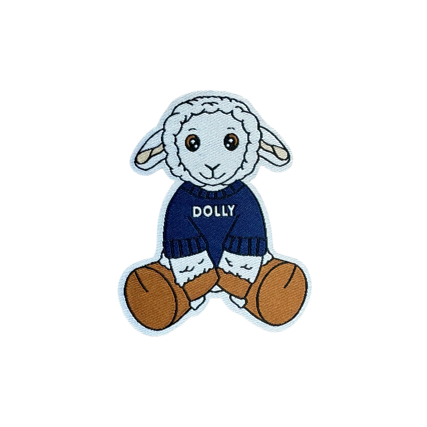 Close up of Dolly the Sheep Patch. Dolly is a white lamb wearing a blue sweater that says 'Dolly'.