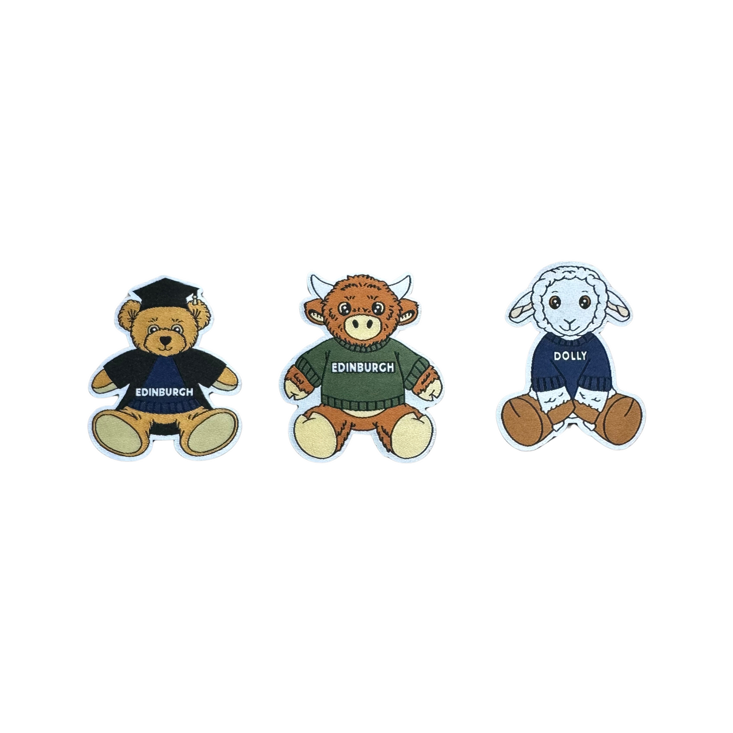 From left to right: Edinbear patch, McCoowan patch and Dolly the Sheep patch.