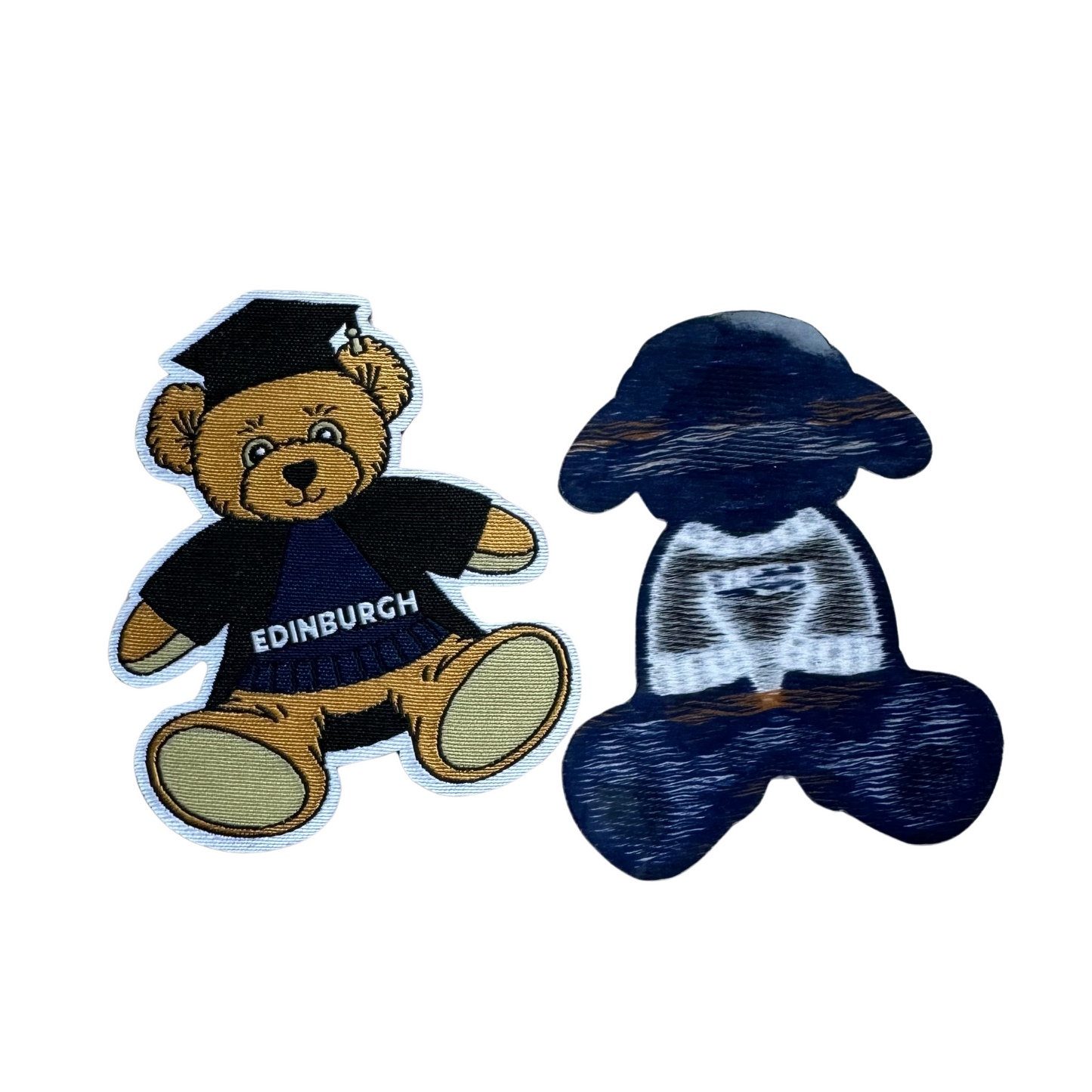 Close up of the texture of the front and back of the patches against a white backdrop.