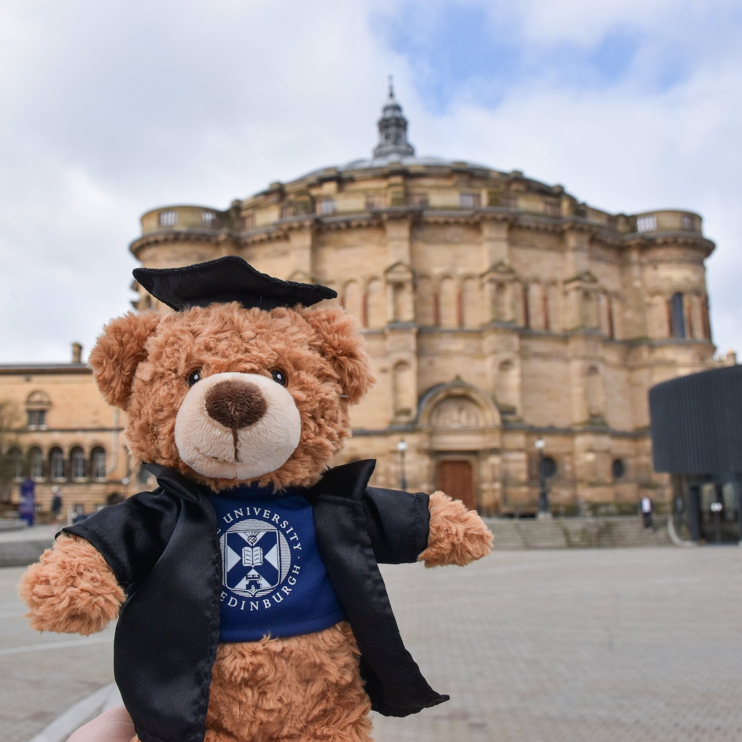 Edinbear Recycled Plush in front of McEwan Hall.