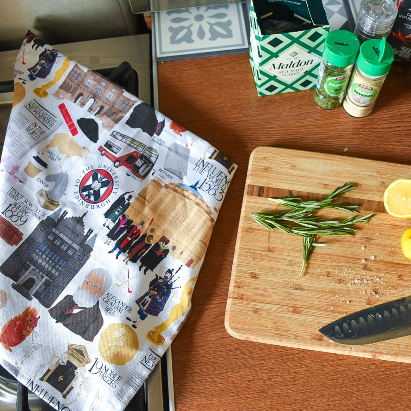 Kitchen visual background with Heritage Collection Tea Towel presented.