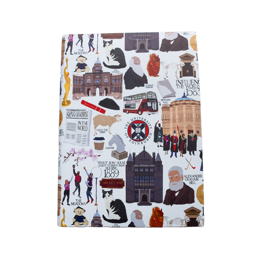 A close up of the A5 Heritage Collection notebook. It is white with various illustrated figures and images associated with the University of Edinburgh.