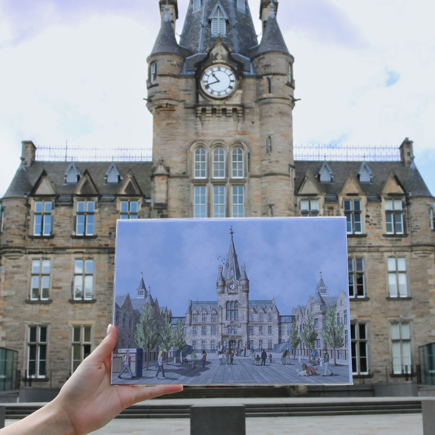 The Edinburgh Futures Institute Illustrated Print pictured in front of the Edinburgh Futures Institute.