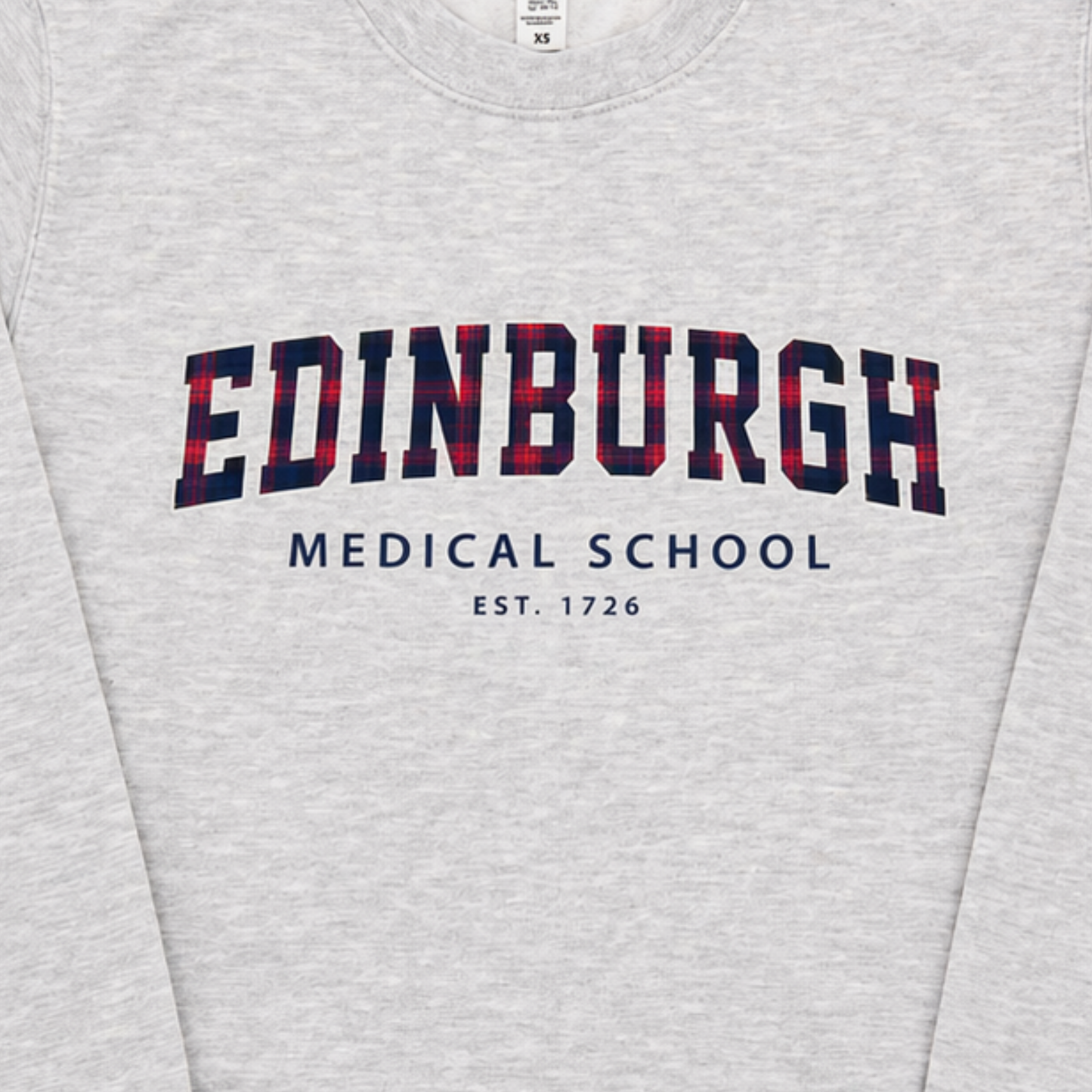 Gray sweatshirt with 'Edinburgh Medical School' tartan print text on a white background