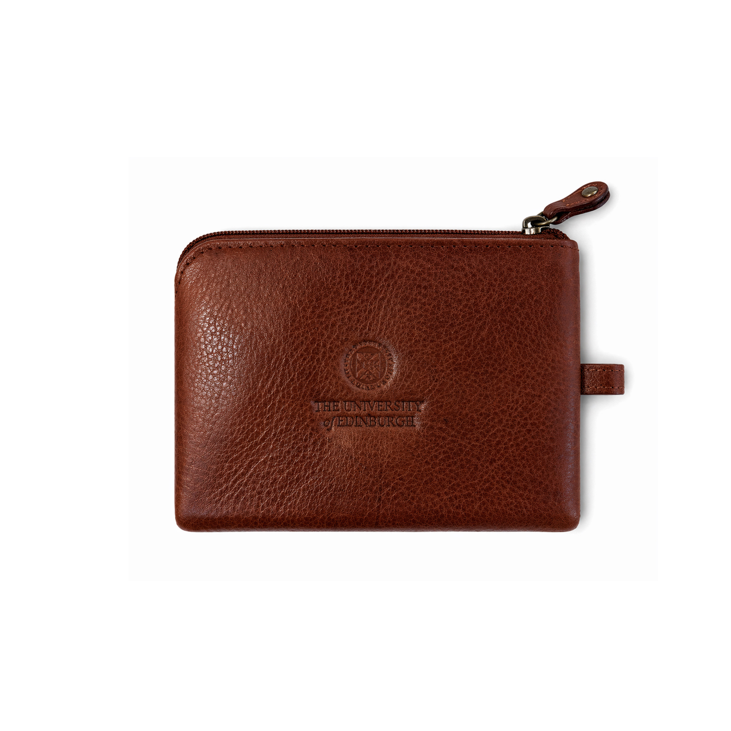 Back of tartan and leather coin purse featuring debossed University of Edinburgh crest.