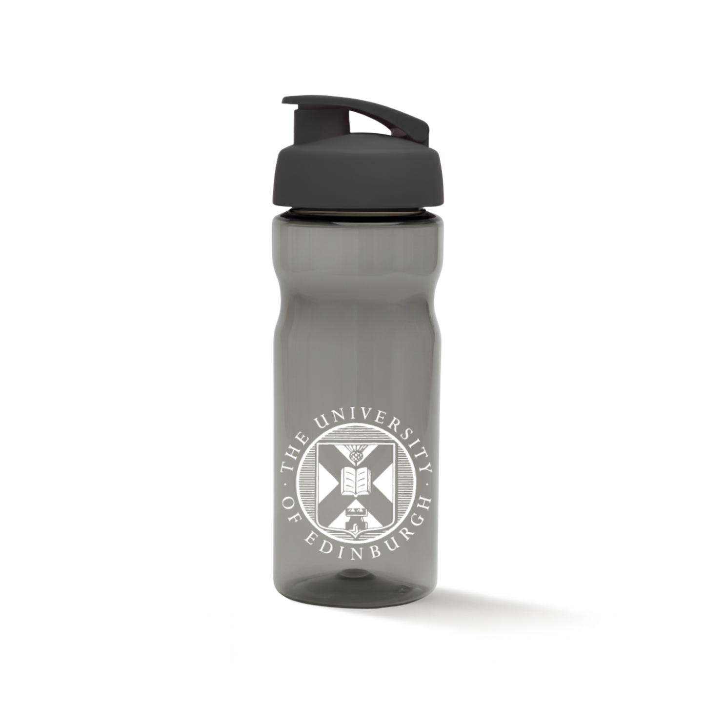 An opaque dark grey water bottle with a white university crest and a black cap