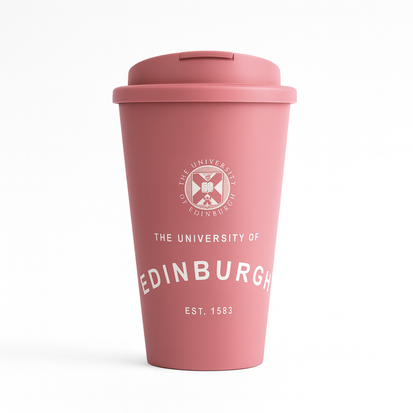 Eco Coffee Cup in pink with screw-on flip-lid and 350 ml capacity. Features the University crest and our established print in white.