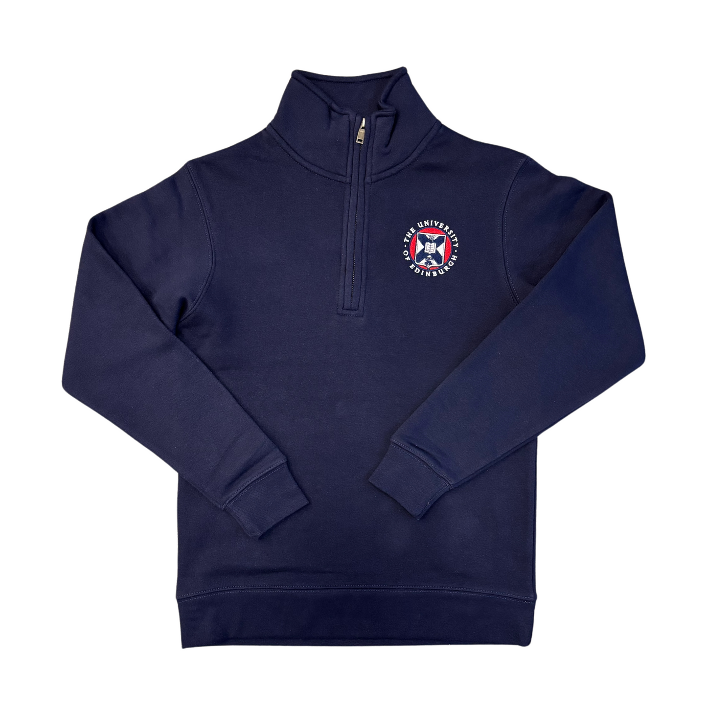 Quarter-zip navy sweatshirt with a full-colour embroidered University of Edinburgh crest on the chest.