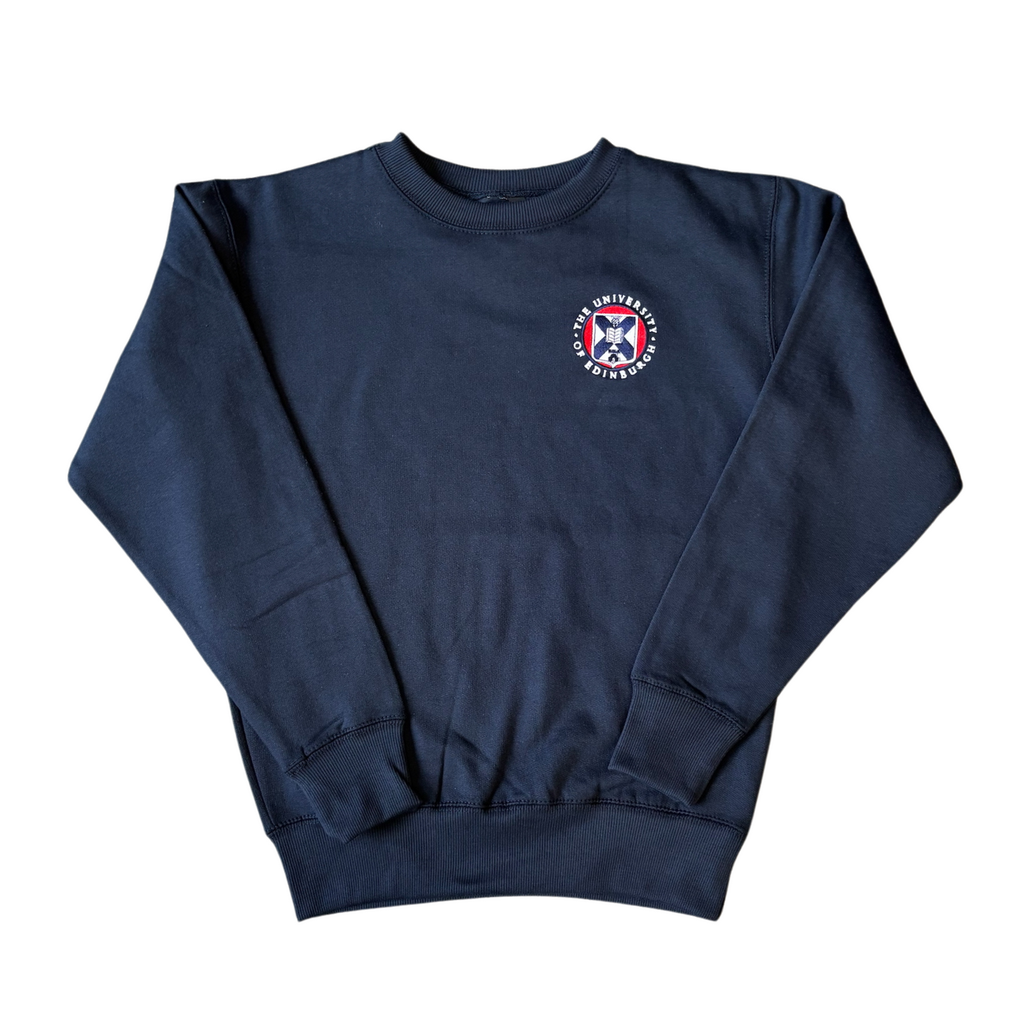 Navy crew neck sweatshirt with the University crest embroidered on the breast in full colour embroidery.