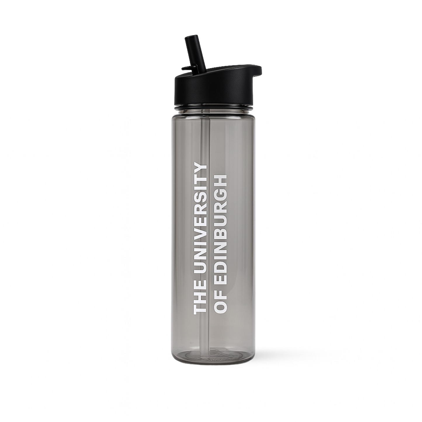 Clear water bottle with black lid featuring 'The University of Edinburgh' text on a white