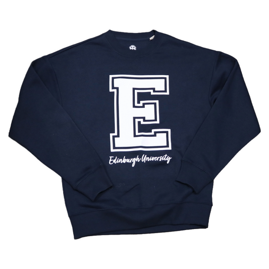 navy cotton crewneck sweatshirt with a large white varsity letter E and a cursive edinburgh university printed below on the center of the sweater