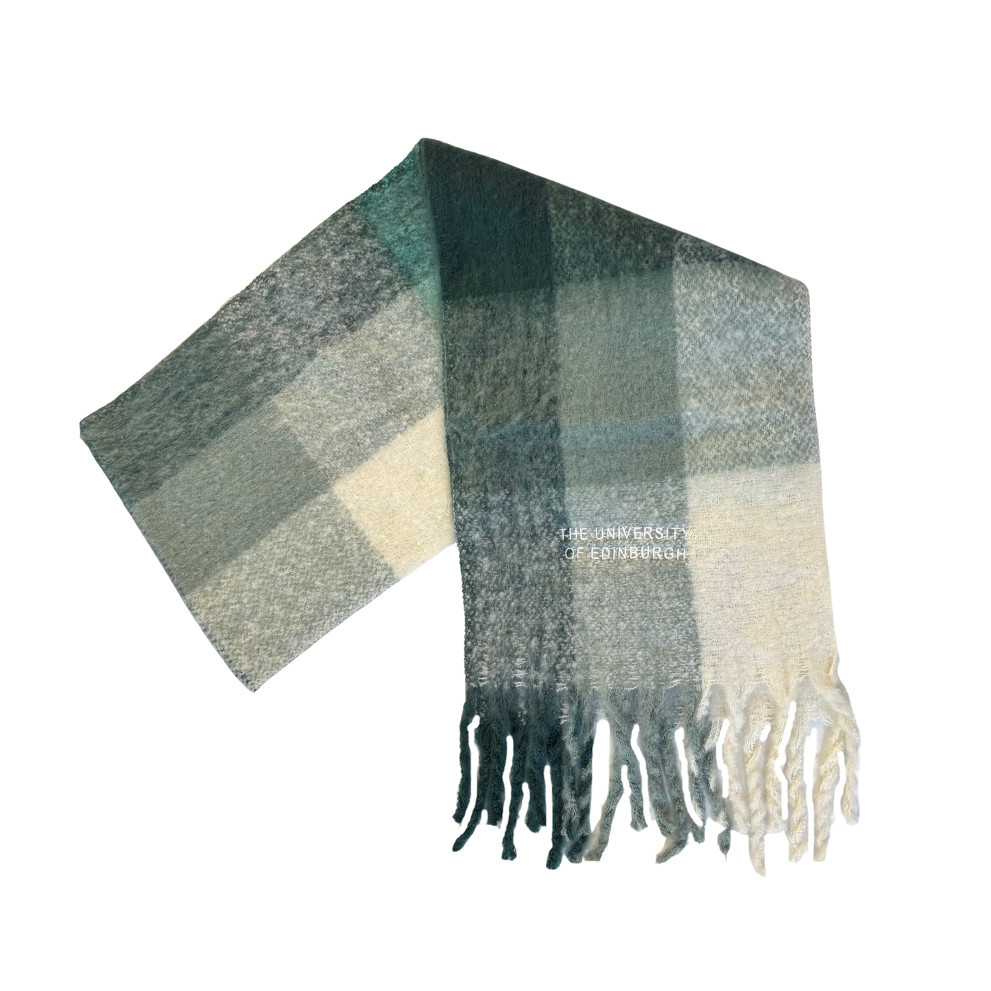 Green plaid scarf with fringes on a white background.