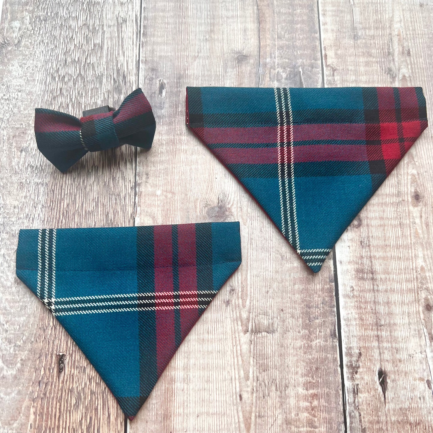 two university tartan dog bandanas with tartan bowtie