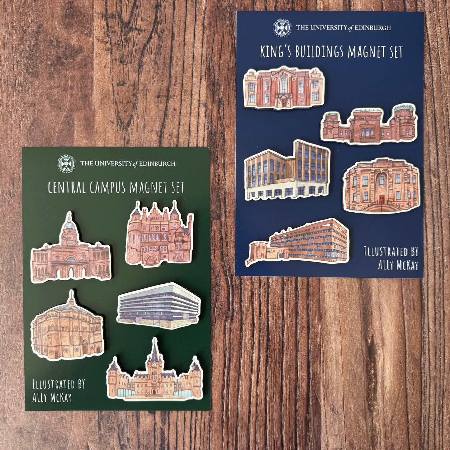 The central Campus magnet set n backing card next to the King's Buildings magnet set on backing card.