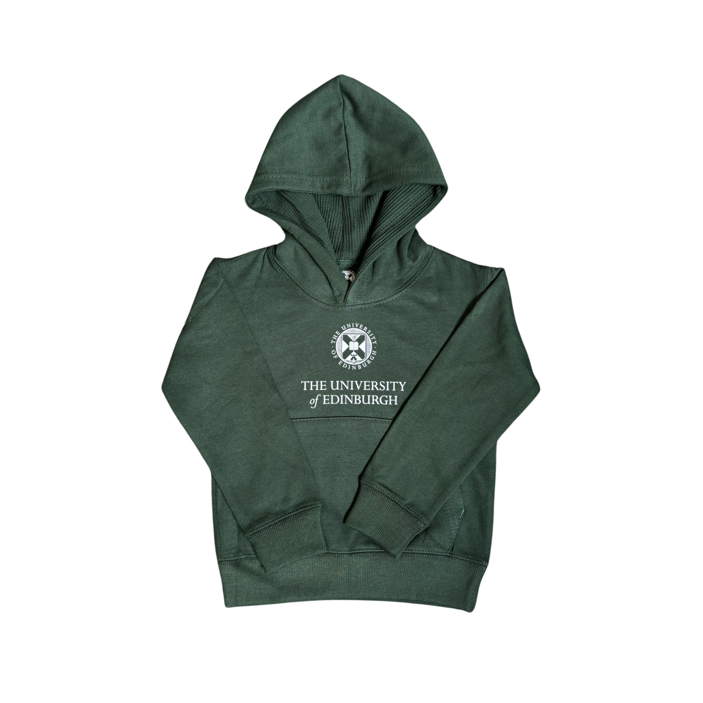 Kids classic logo hoodie in colour Forest Green against white backdrop.