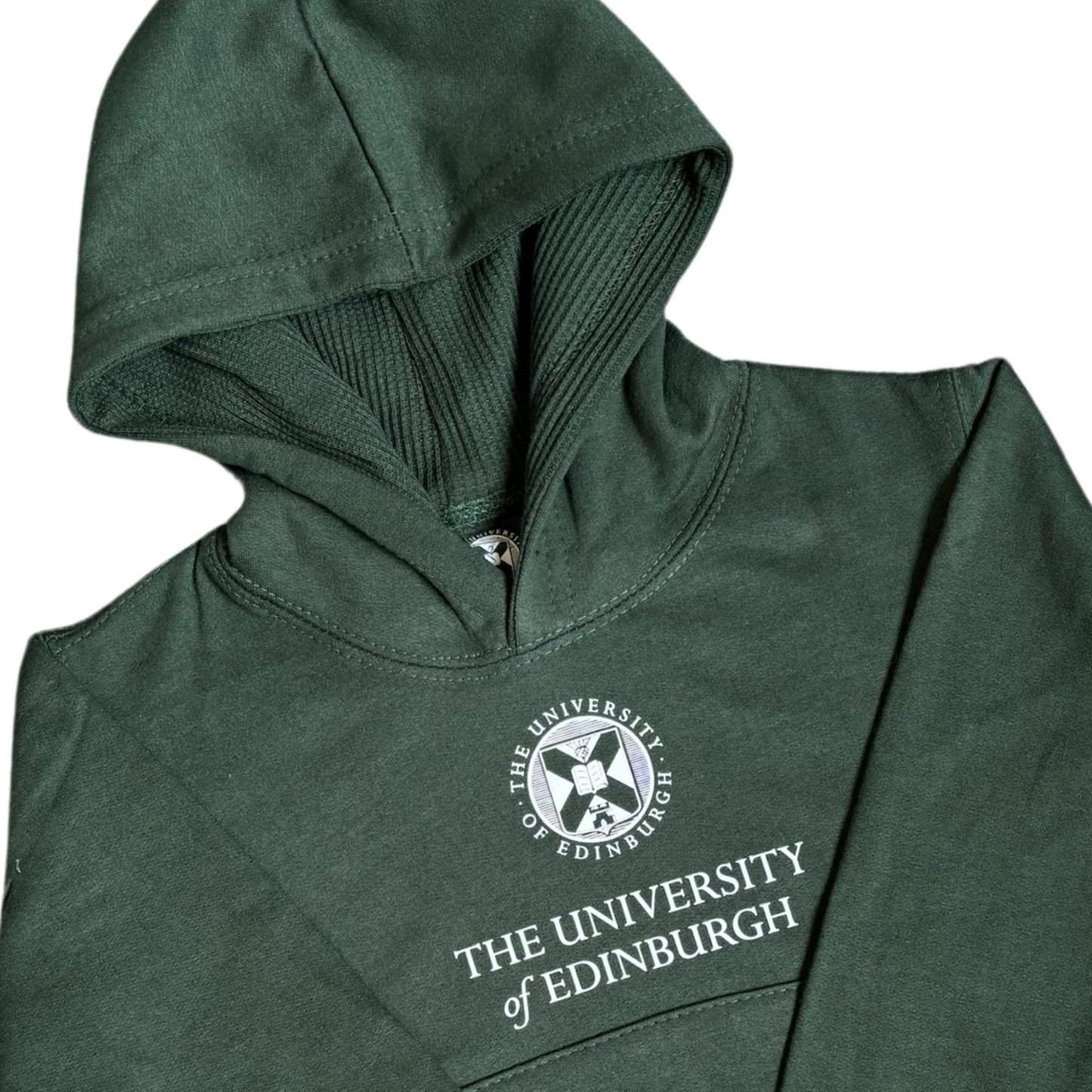 Close up of Kids classic logo hoodie in colour Forest Green against white backdrop.