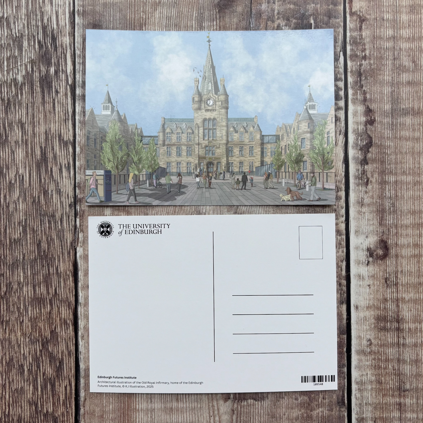 The back of the postcard features a breif description of EFI, a column for writing, an address column, and a place for a stamp.