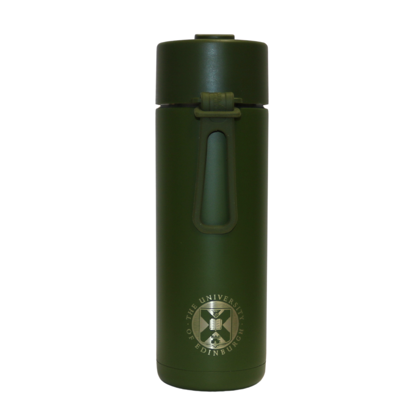 The front of the Frank Green Thermal Reusable Bottle - 595ml in Khaki Green with the University logo laser engraved. The front also shows the silicon strap.