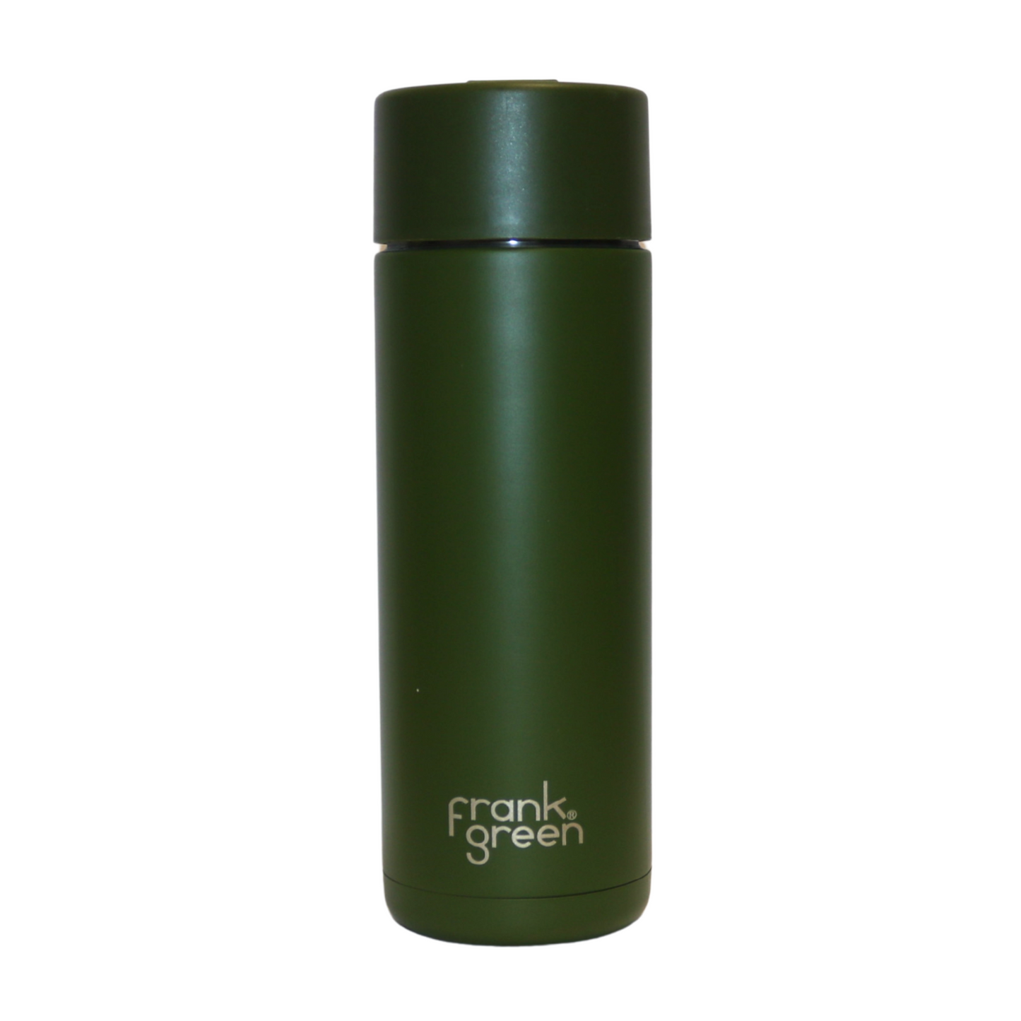 The back of the Frank Green Thermal Reusable Bottle - 595ml in Khaki Green with the Frank Green logo laser engraved.