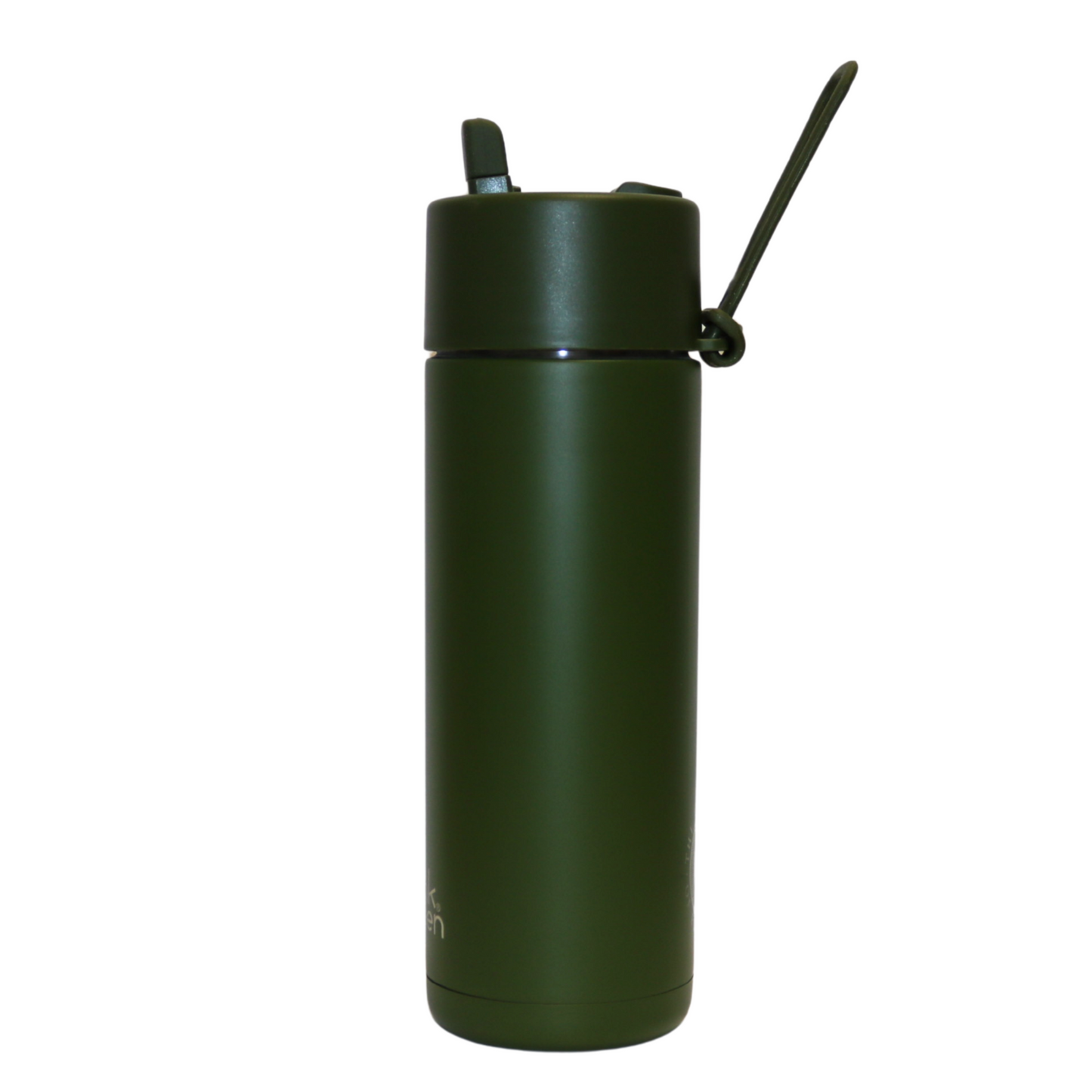 The side of the Frank Green Thermal Reusable Bottle - 595ml in Khaki Green. Pictured with the straw and silicon strap flipped upwards.