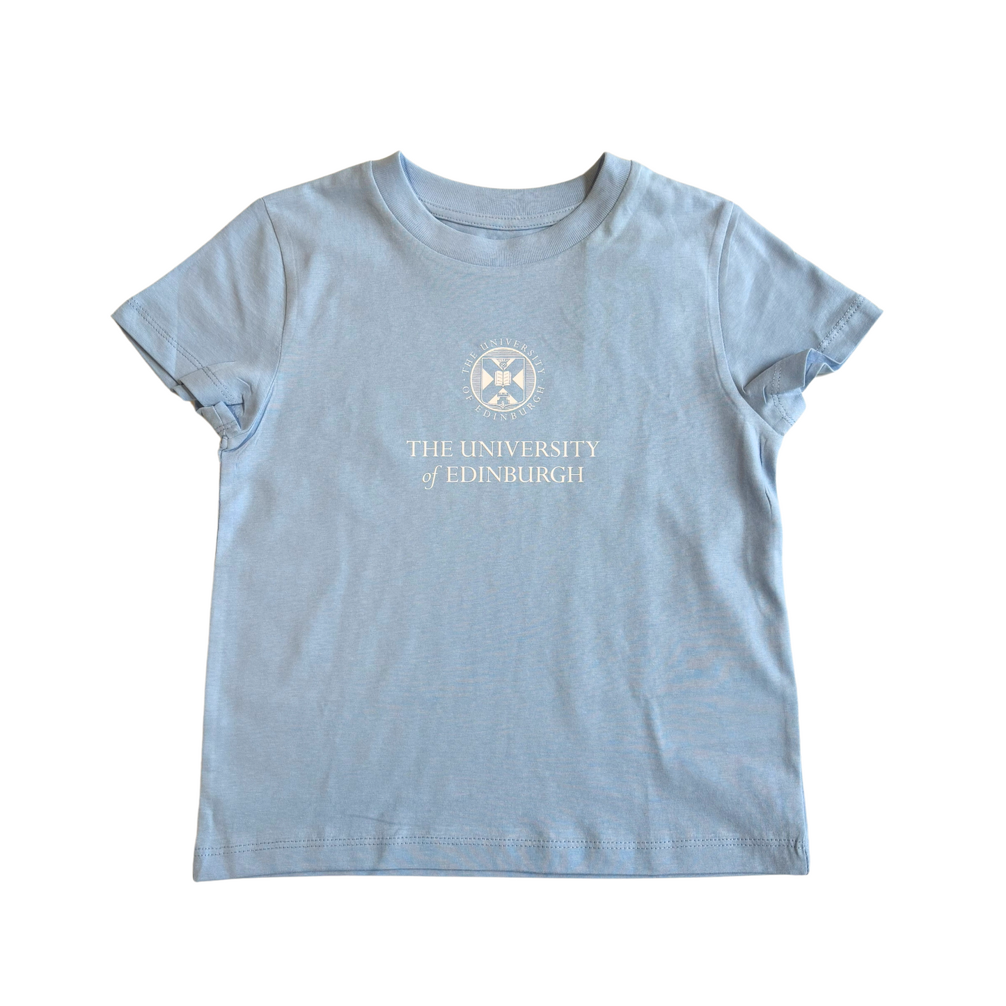 A light blue short-sleeved kids' t-shirt featuring "The University of Edinburgh" printed in white text on the chest. Above the text is the University crest printed in white.