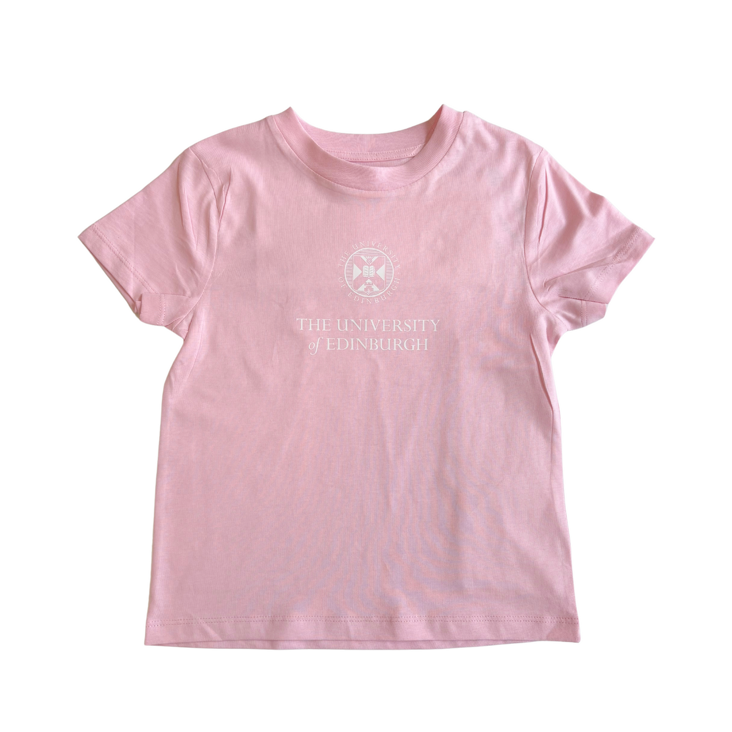 A light pink short-sleeved kids' t-shirt featuring "The University of Edinburgh" printed in white text on the chest. Above the text is the University crest printed in white.
