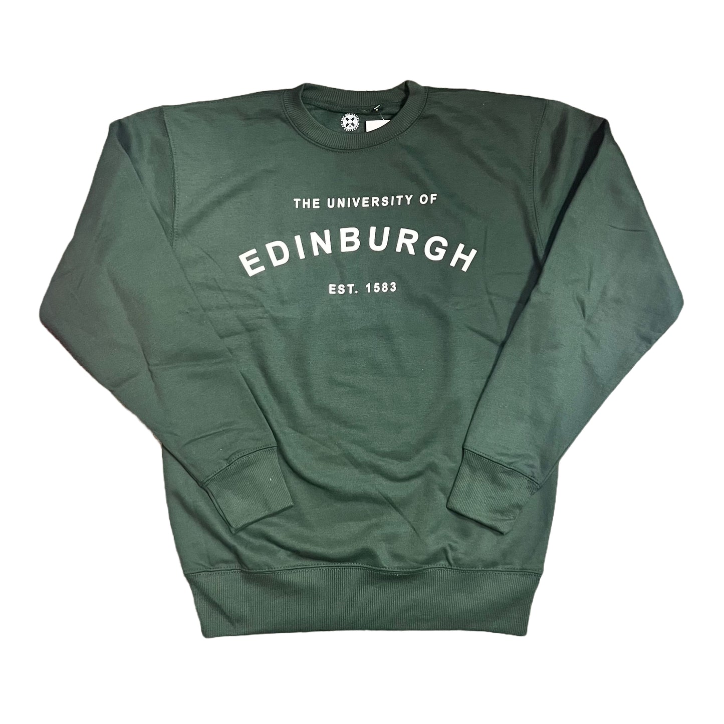 Bottle Green Sweatshirt with white text in the centre reading 'The University of Edinburgh EST. 1583'. The word 'Edinburgh' Is curved.