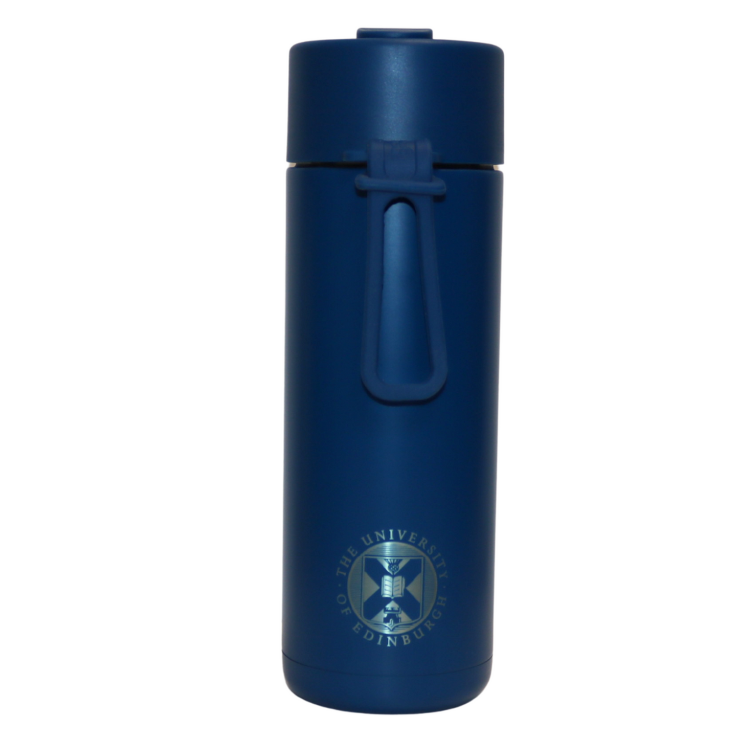The front of the Frank Green Thermal Reusable Bottle - 595ml in Deep Ocean with the University logo laser engraved. The front also shows the silicon strap.
