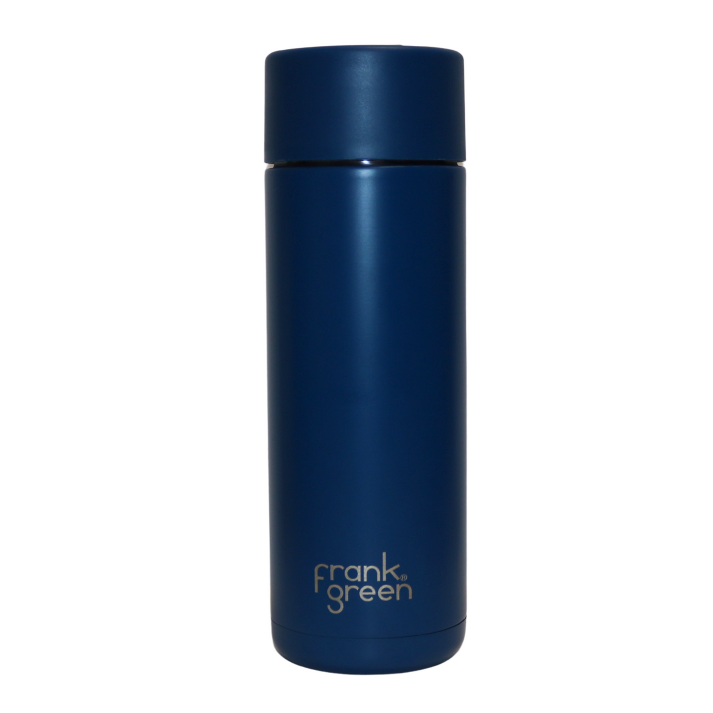 The back of the Frank Green Thermal Reusable Bottle - 595ml in Deep Ocean with the Frank Green logo laser engraved.