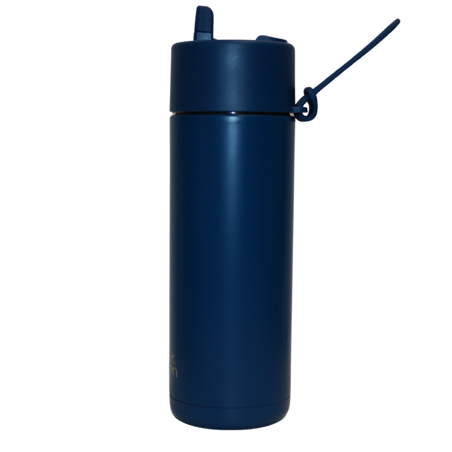 The side of the Frank Green Thermal Reusable Bottle - 595ml in Ocean Blue. Pictured with the straw and silicon strap flipped upwards.