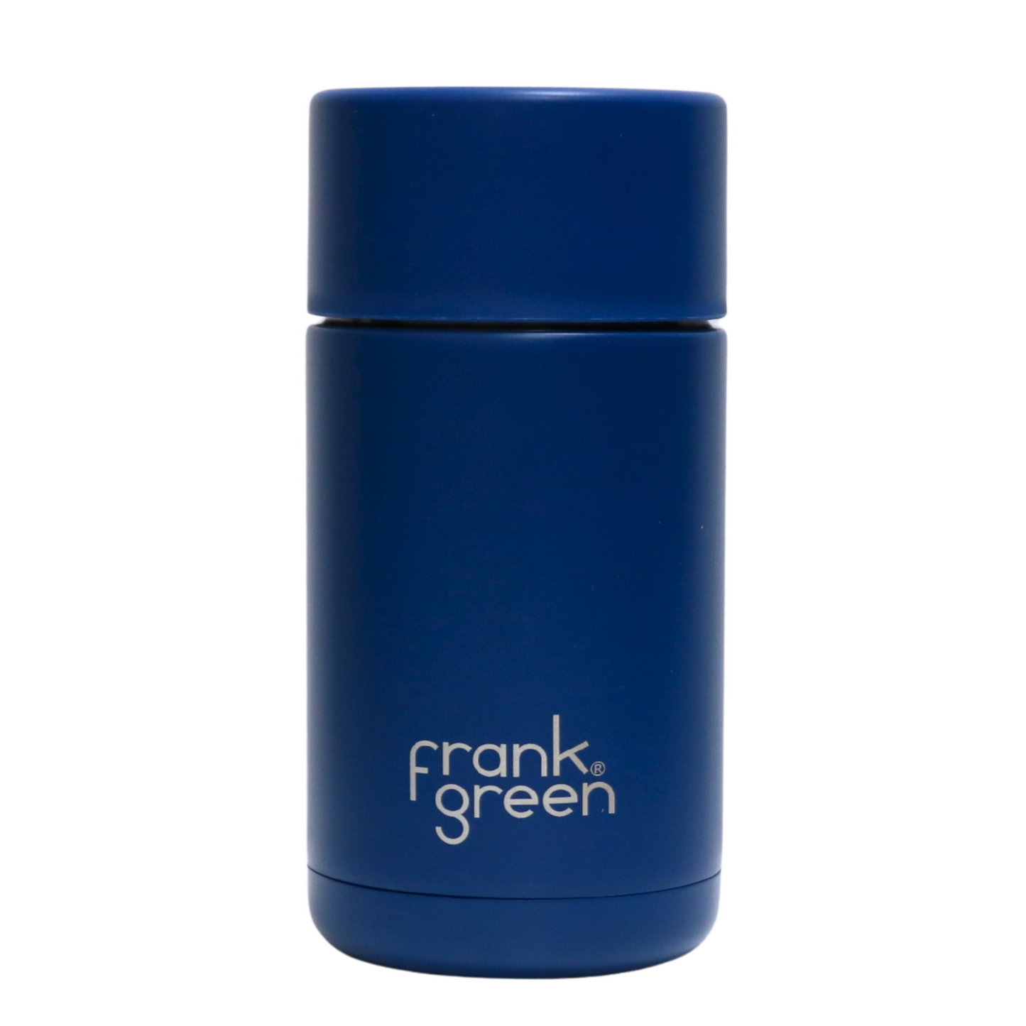 The back of the Frank Green Thermal Reusable Coffee Cup - 355ml in Deep Ocean with the Frank Green logo laser engraved.