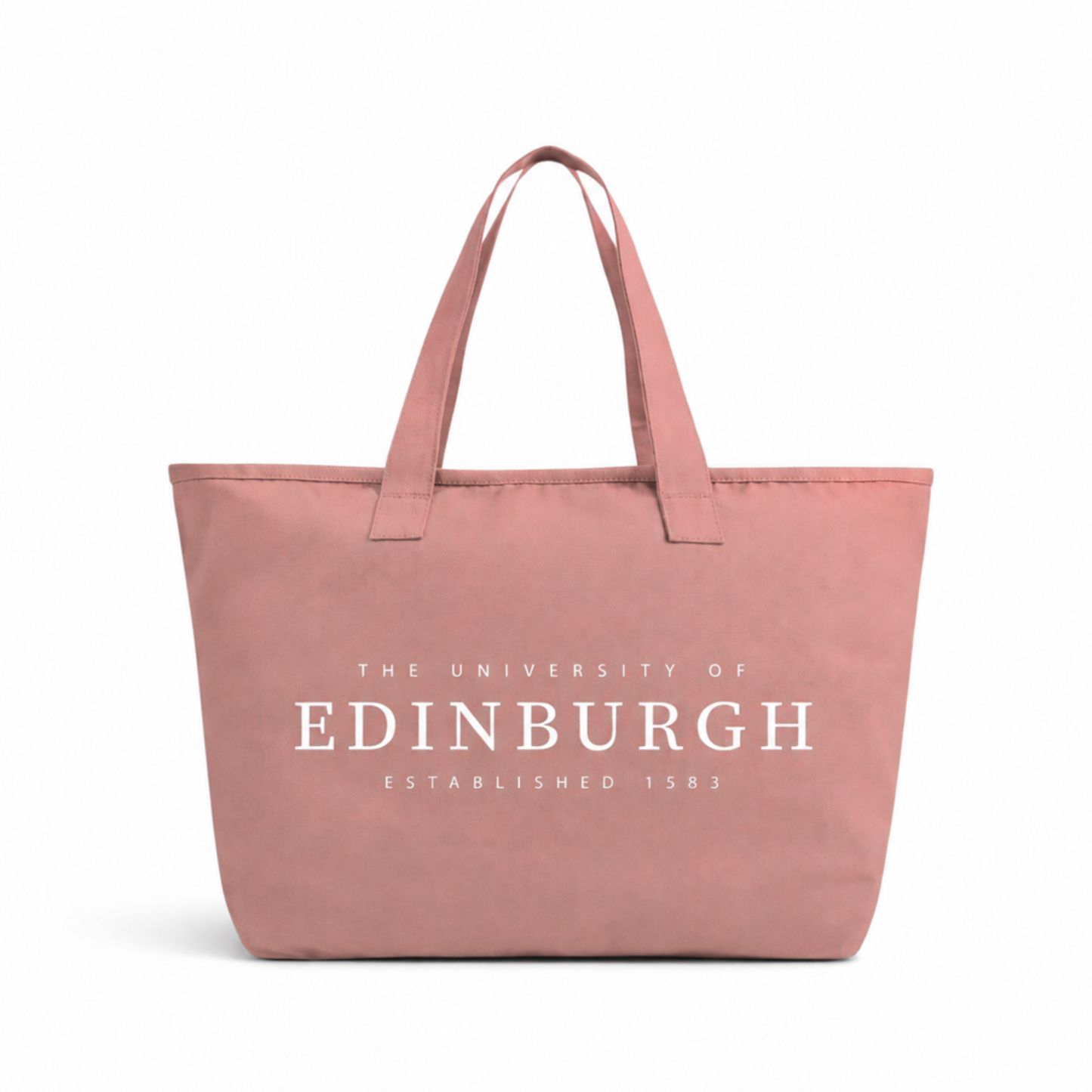 Pink tote bag with 'The University of Edinburgh Established 1582' text on a white background