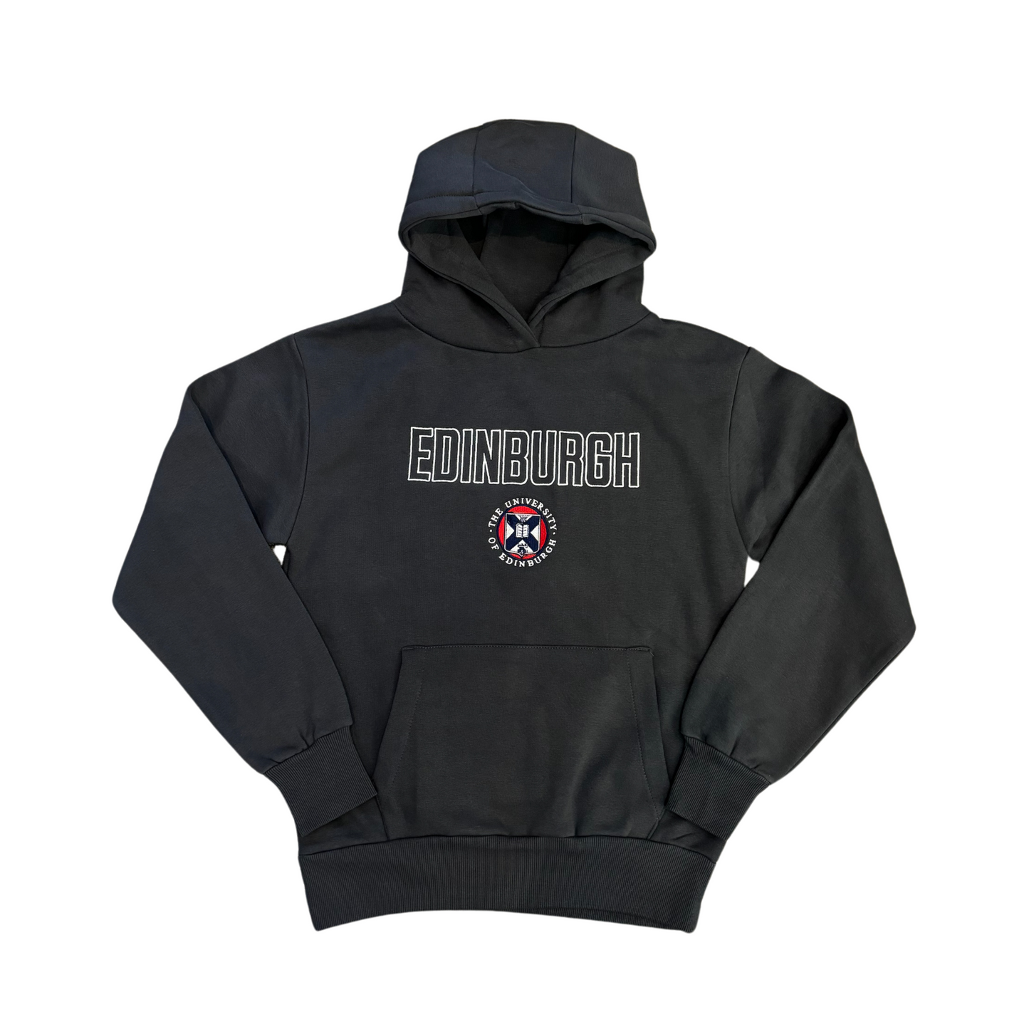 Dark charcoal sweatshirt with 'EDINBURGH' in white outlined text in center of garment, with a full colour University crest underneath it.