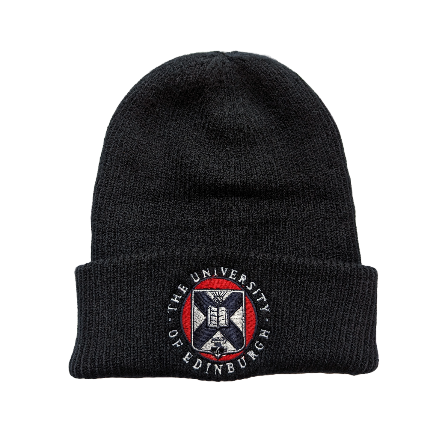 navy ribbed cotton beanie with red, white, and navy embroidered university crest