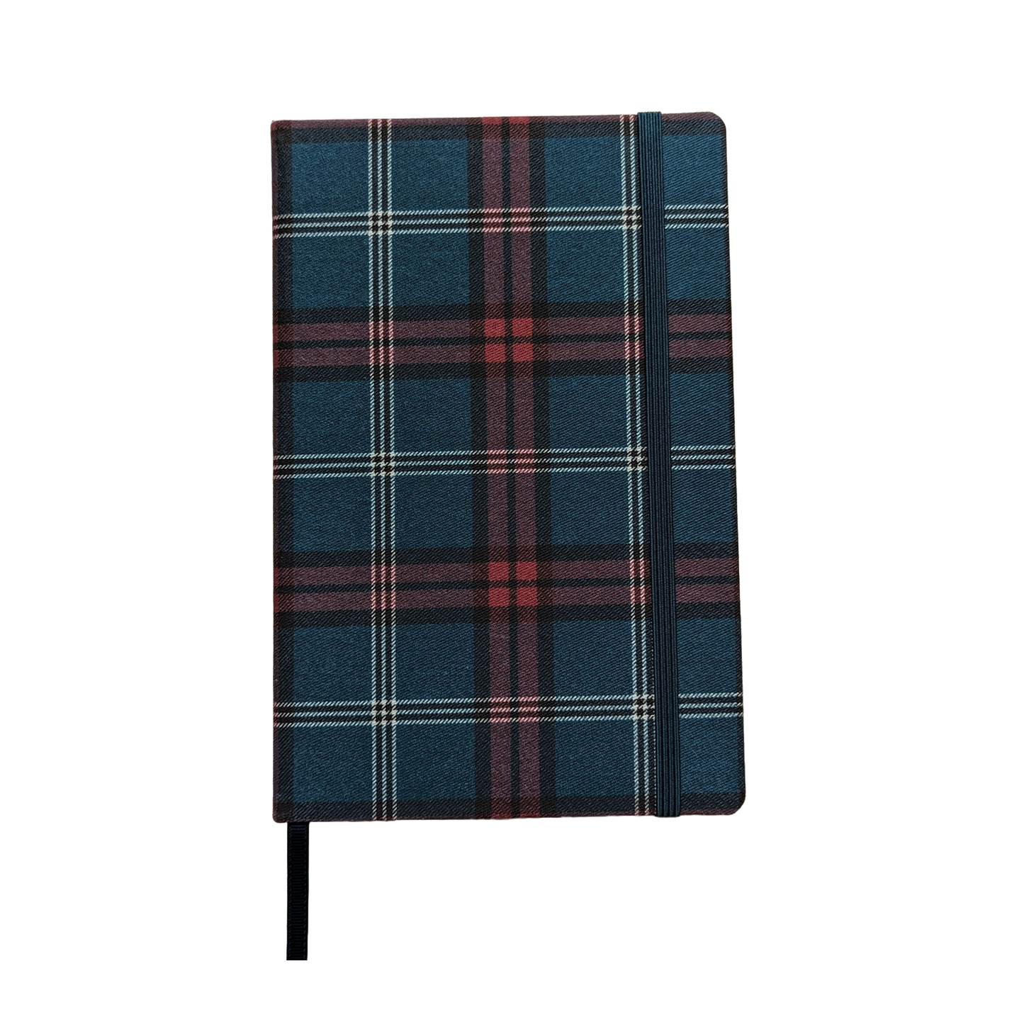 Cloth-bound tartan notebook is A5 in size with a matching elastic strap and fully lined pages.