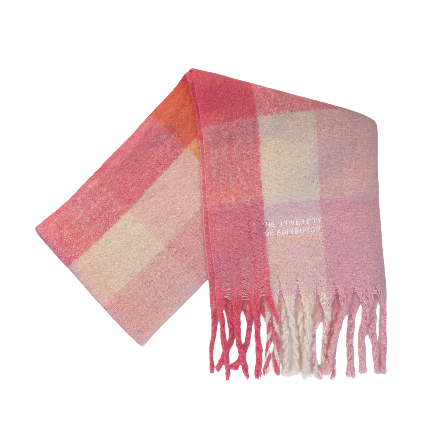 Pink plaid scarf with fringes on a white background.