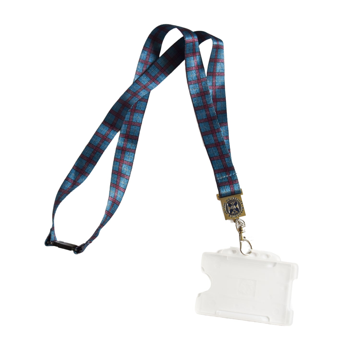 University Tartan Lanyard with metal University crest detail.